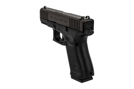 Glock Gen5 19 handgun has a white dot front sight and white u-shaped rear sight
